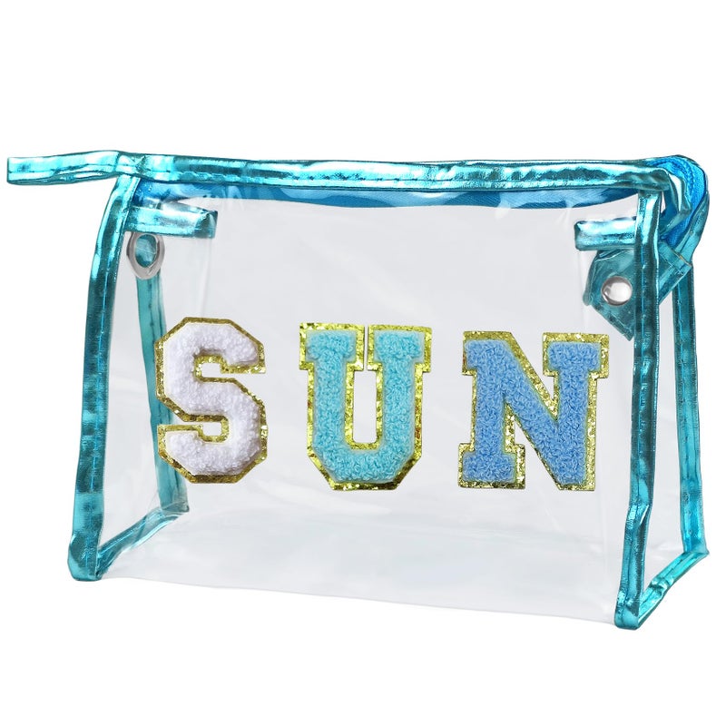 COSHAYSOO Clear Makeup Bag Preppy Sunscreen Pouch Beach Pool Summer Stuff Travel Cosmetic Toiletry Essentials Small Purse Organizer for Women Teenager Girl with Trendy Letter Patch Blue SUN - Image 1